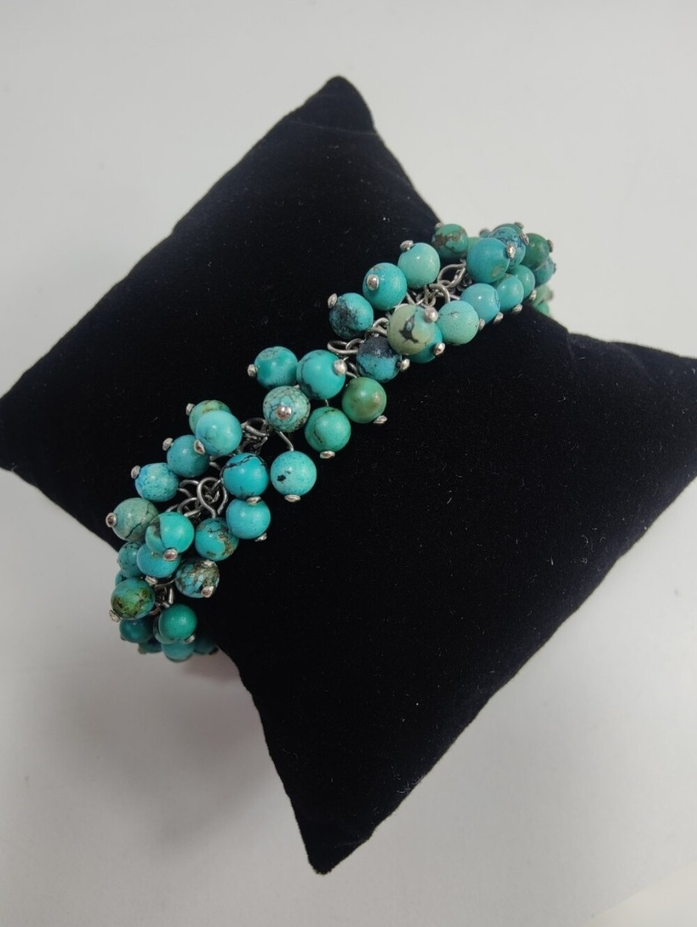 Turquoise Beaded Cluster Dangle Silver Tone Boho Southwestern Bracelet 8.5"